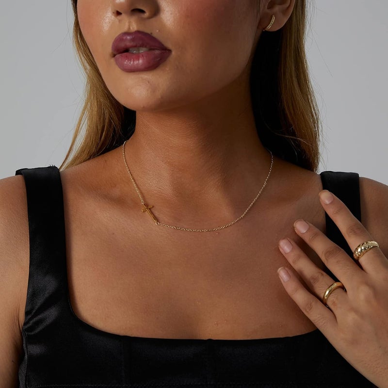 VIROMY Gold Cross Necklace for Women 14K Gold Plated Cute Sidways Cross Pendant Choker Necklaces Simple Trendy Everyday Jewelry for Women - Image 5